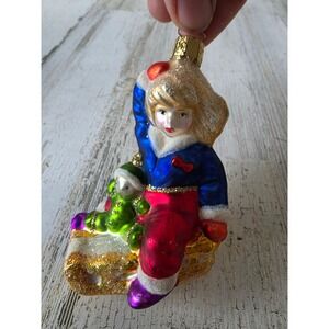 Vintage Christborn girl sled glitter sledding toy ornament Xmas tree